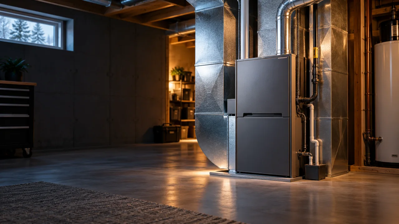Residential furnace in a clean utility room — AI concept illustration