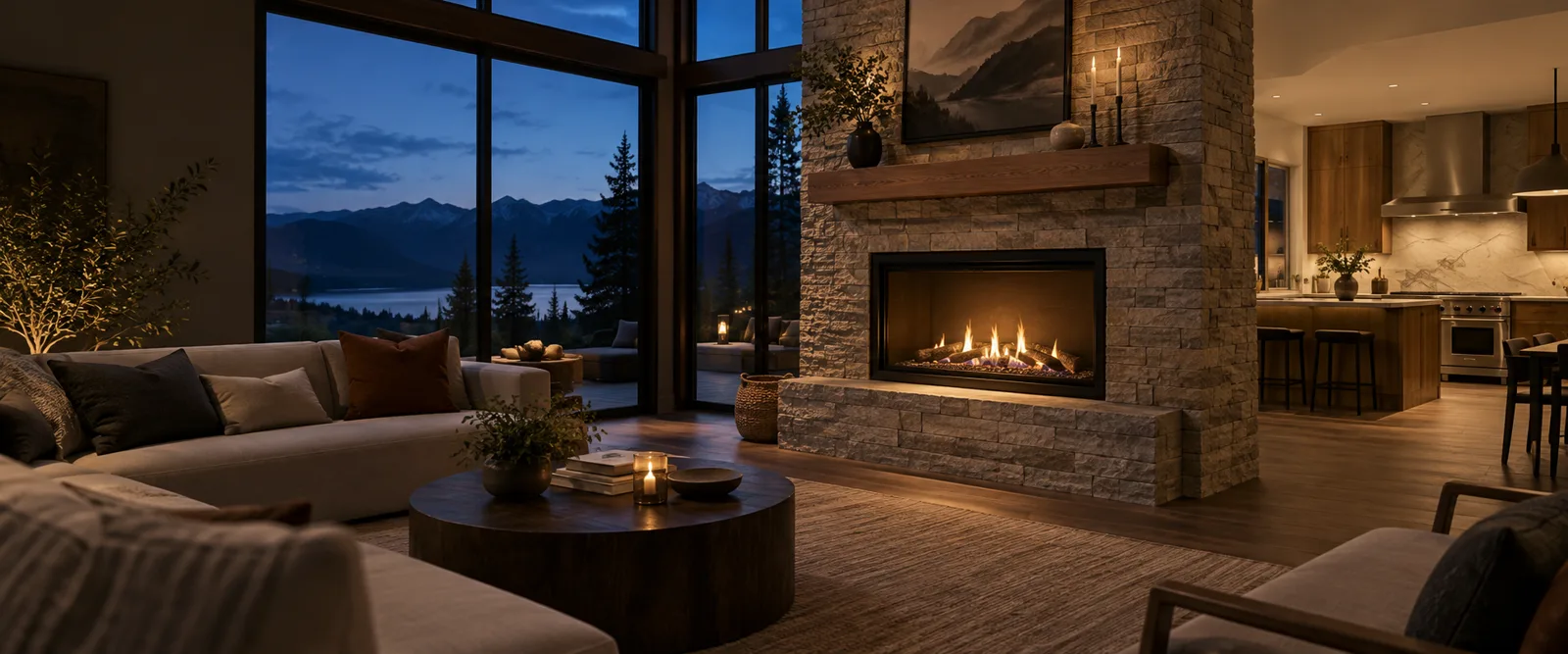 Sealed gas fireplace and kitchen in a warm contemporary home — original AI concept artwork